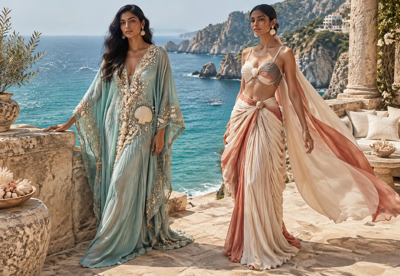 Two women in shell-embellished aqua and pearl resortwear above the sea